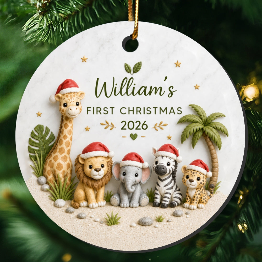 Baby’s First Christmas Safari Animals 2D Flat - Personalized Ceramic Ornament - Christmas Keepsake