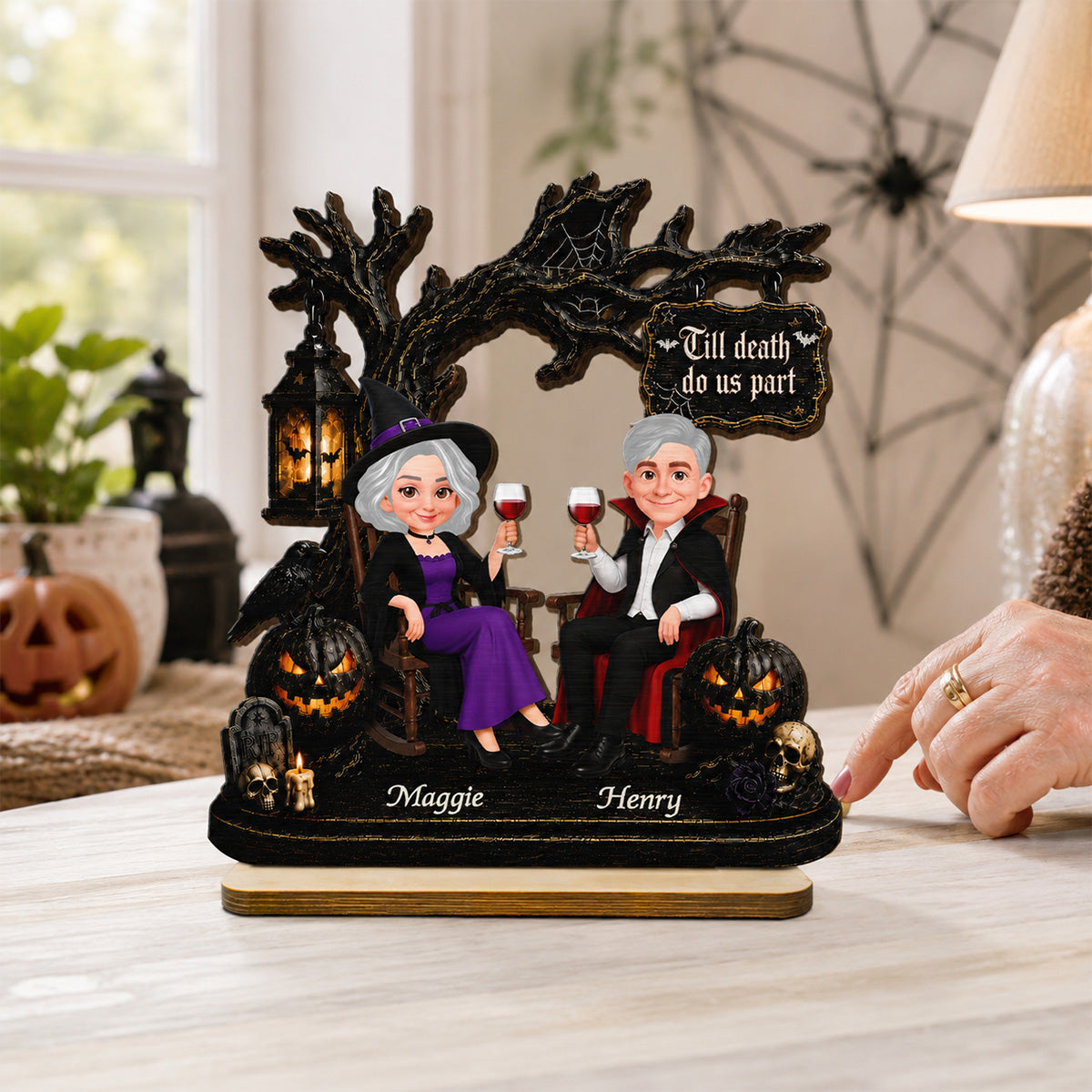 Couple Sitting Under Spooky Halloween Tree 2D Flat - Personalized 2-Layer Wooden Plaque - Tabletop Tier Tray Wicca Pagan Decor