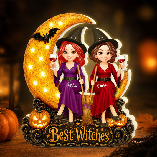 Witch Besties Sitting On Moon 2D Flat - Personalized Light Box - Halloween Gift Decoration