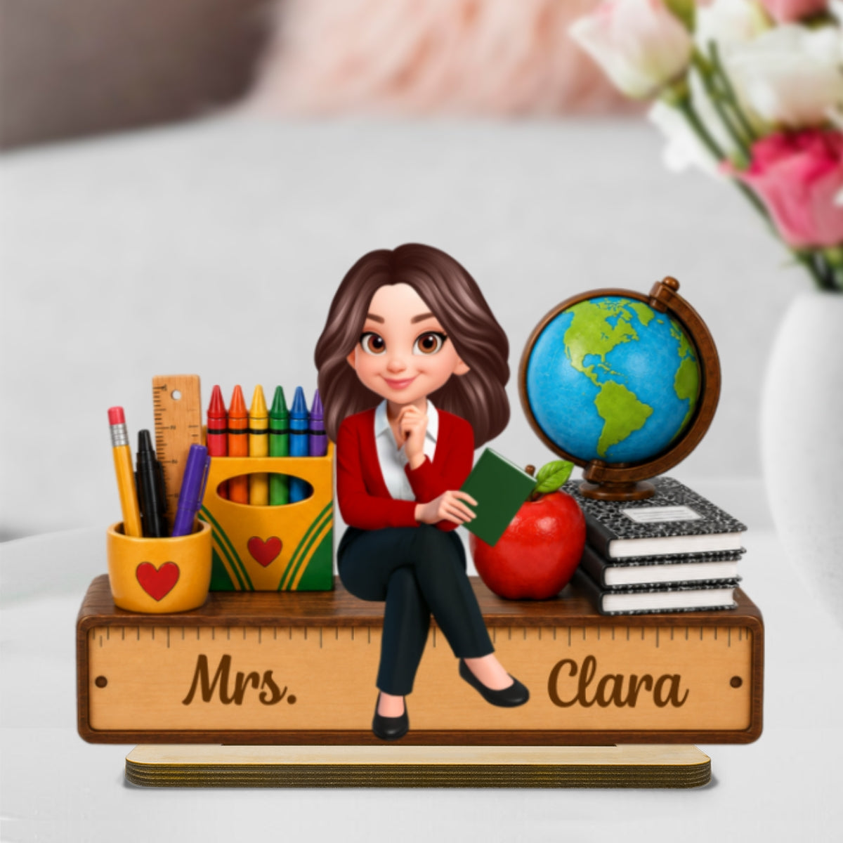 Teacher Sitting With School Supplies 2D Flat - Personalized Wooden Plaque - Back To School Gift For Teacher