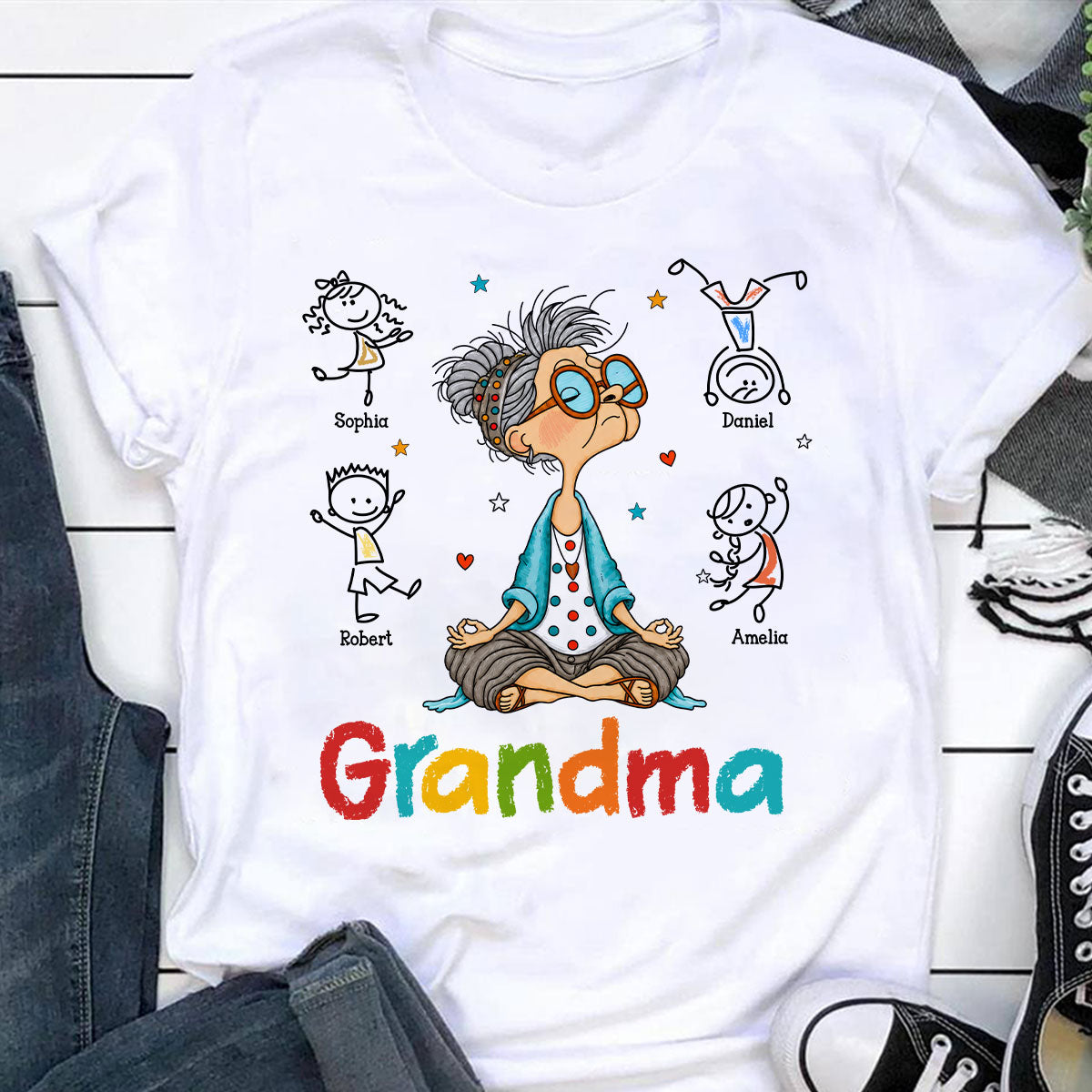 Funny Meditating Grandma Stick Grandkids - Personalized Shirt - Gift For Grandmas