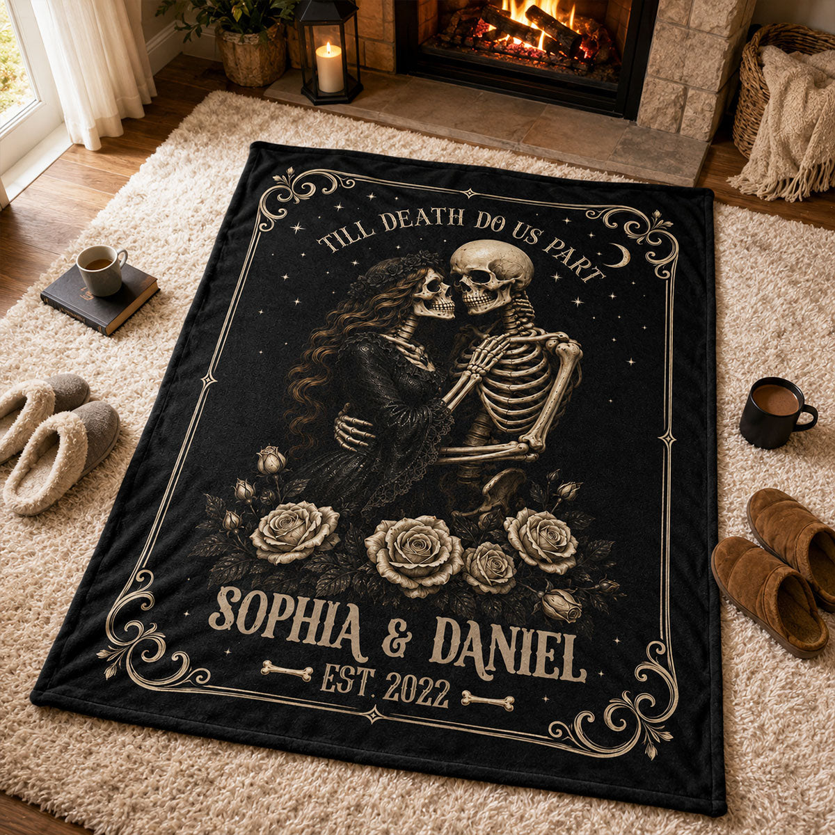 Skeleton Couple Till Death Do Us Part - Personalized Fleece Blanket - Spooky Goth Couple Halloween Gift