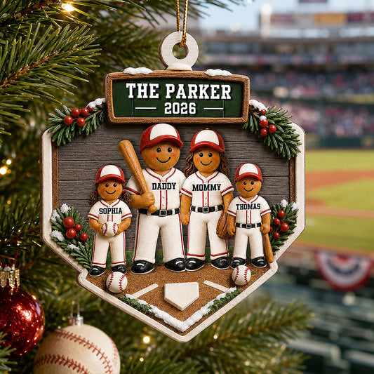 Baseball Gingerbread Family Home Plate 2D Flat - Personalized Wooden Ornament - Sport Lover Christmas Tree Decor, Keepsake
