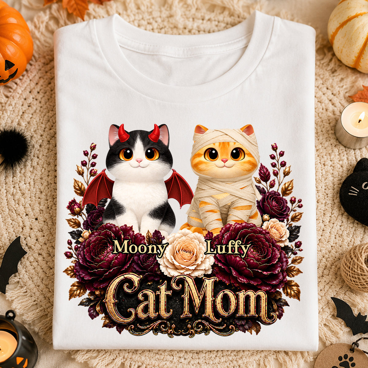 Cats Halloween Preppy Ghost Cherry - Personalized Shirt - Halloween Gift, Gift For Cat Lovers