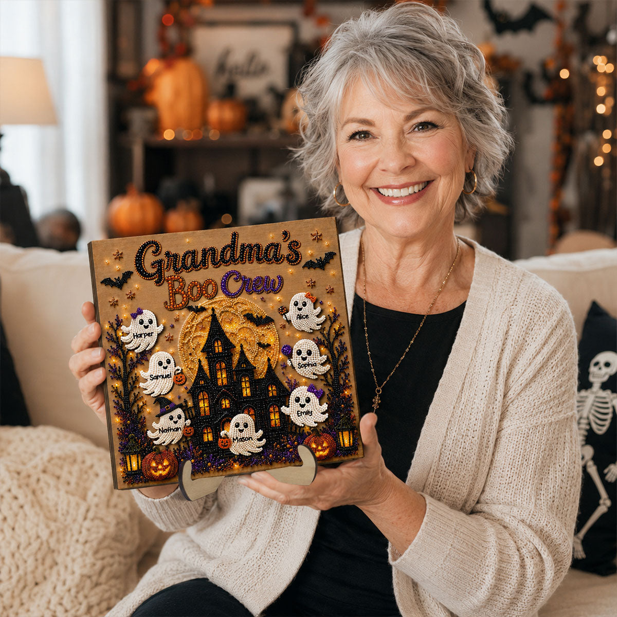 Grandma’s Boo Crew Haunted House Faux Diamond Art – Personalized Wooden Plaque – Halloween Decor Gift For Grandma