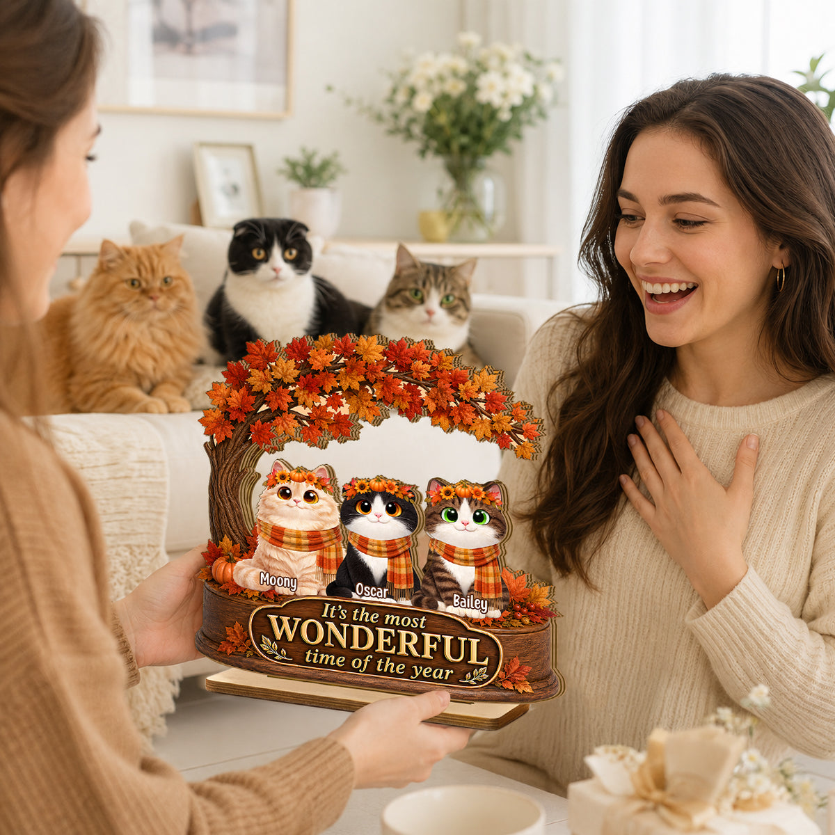 Most Wonderful Time of the Year Cats - Personalized 2-Layered Wooden Plaque - Fall Decor for Cat Lovers