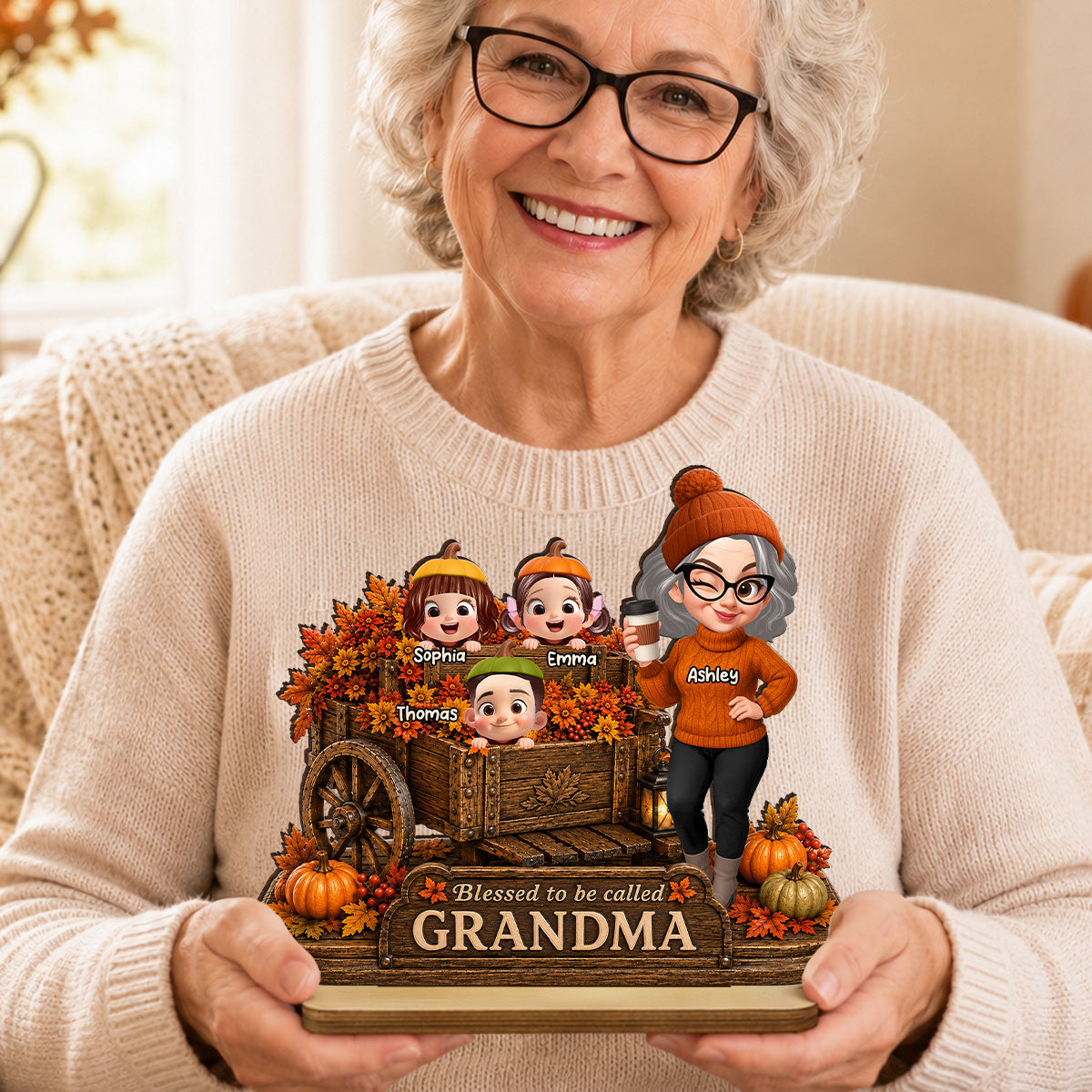 Blessed to Be Called Grandma - Personalized 2-Layered Wooden Plaque - Fall Decor for Grandma