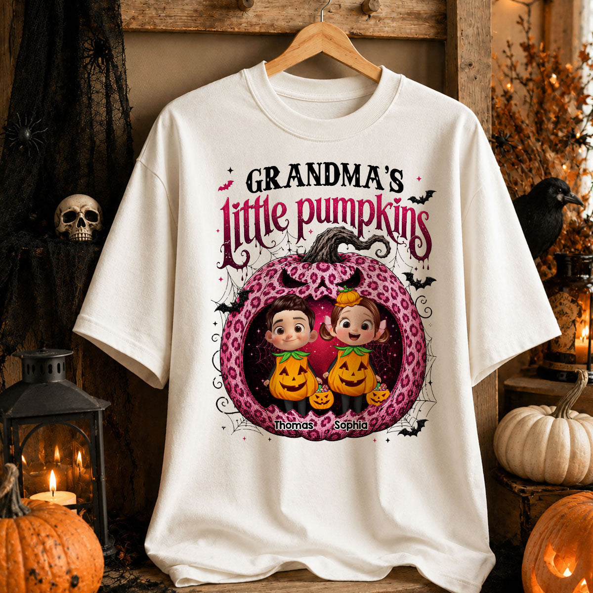 Grandma's Little Pumpkins Jack O Lantern - Personalized Shirt - Trendy Halloween Tee for Grandma
