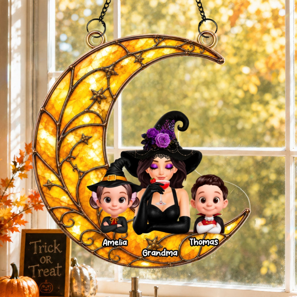 Halloween Moon Grandma Witch Grandkids - Personalized Acrylic Window Hanging - Halloween Gift For Grandma