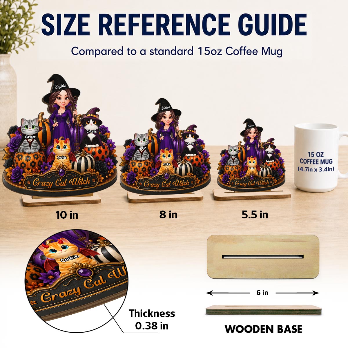 Crazy Cat Witch 2D Flat - Personalized Wooden Plaque - Halloween Decoration.