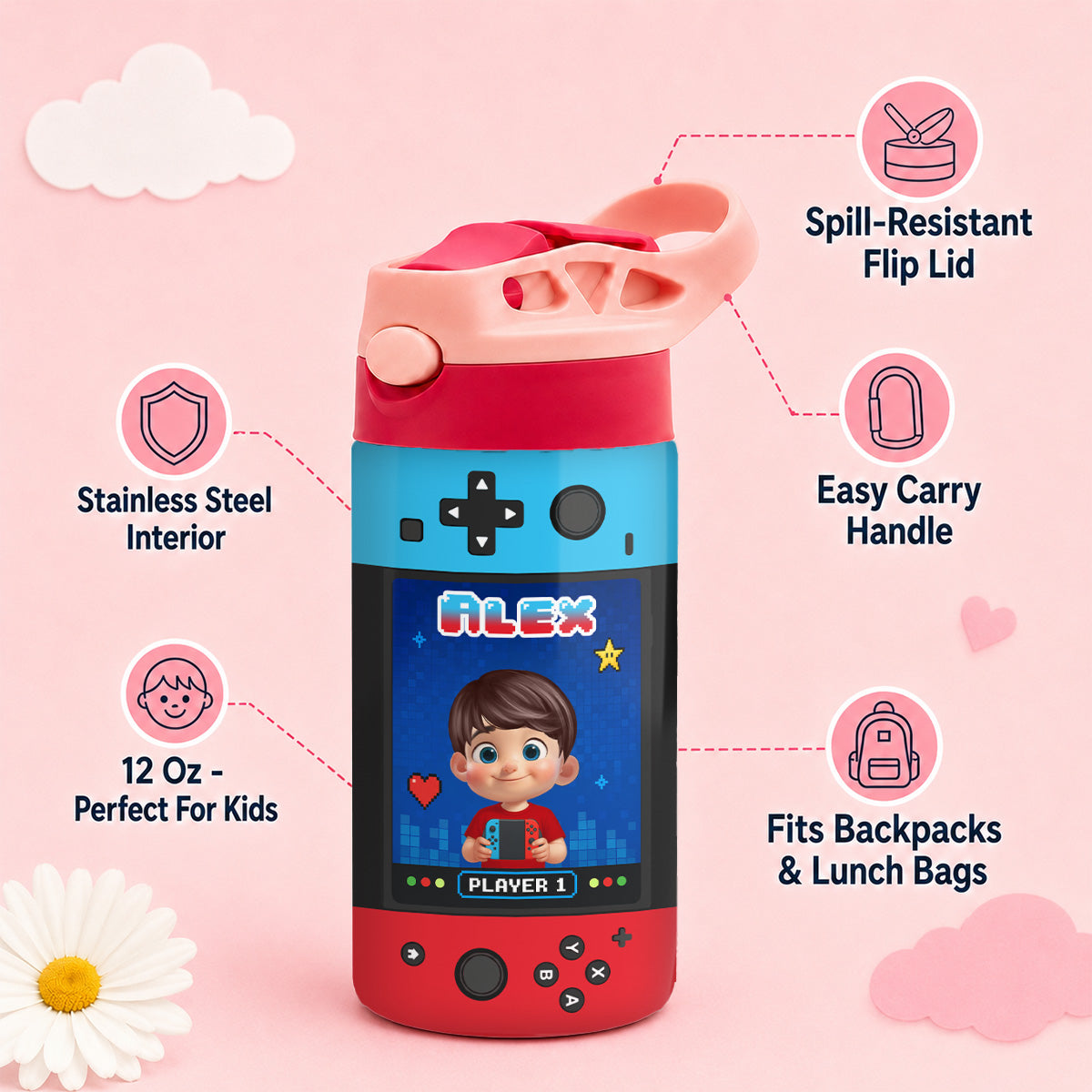 Gaming Controller Theme Cute Gamer Kid - Personalized Kid Insulated Water Bottle - Stainless Steel Toddler Cups with Straws, BPA Free, Leak-Proof