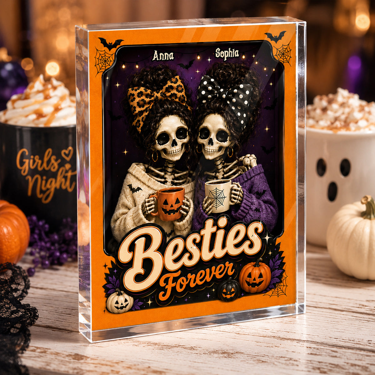 Besties Forever Skeleton Halloween - Personalized Acrylic Block Plaque - Halloween Decor Gift, Gift For Besties