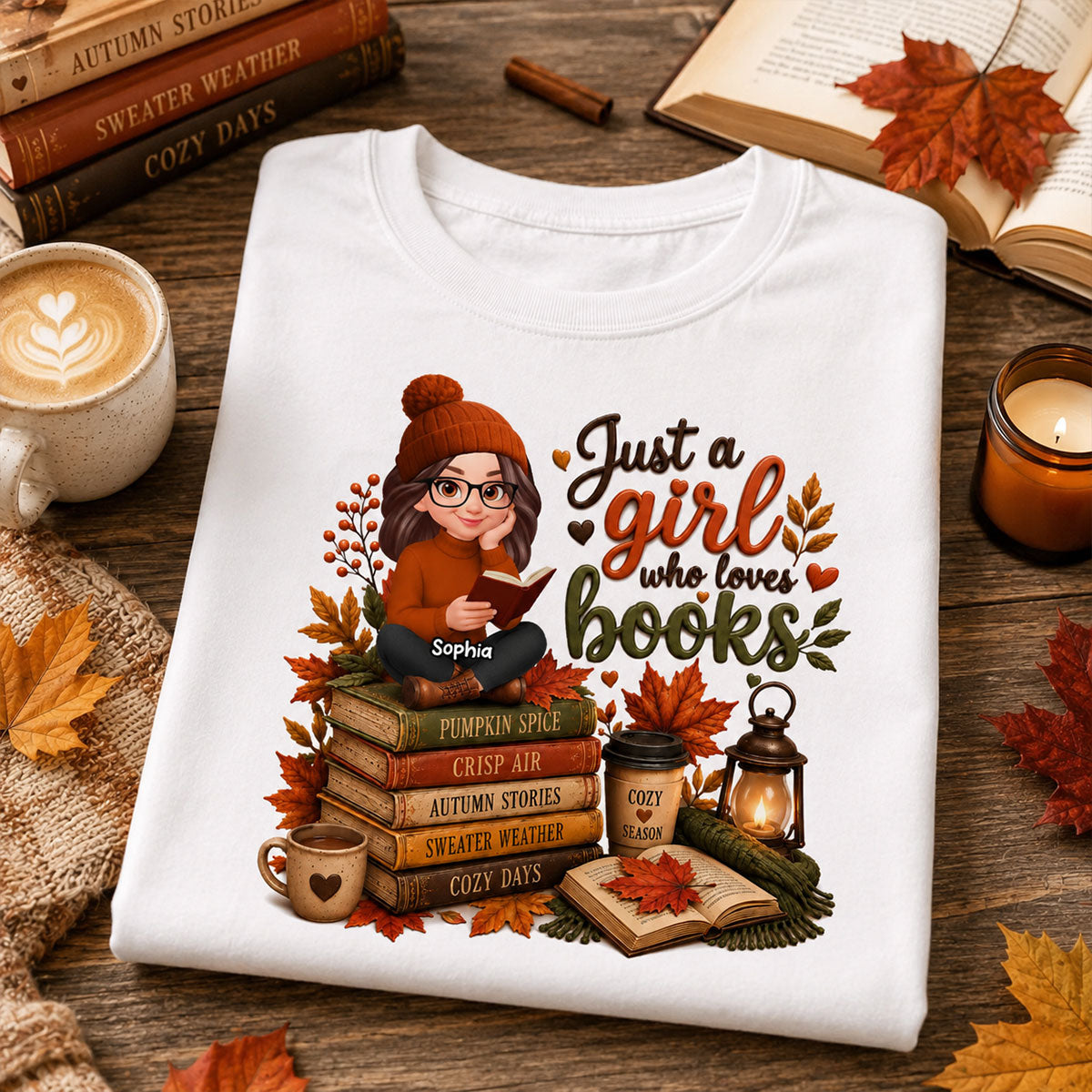 Cozy Autumn Girl Who Loves Books - Personalized Shirt - Fall Season Gift, Gift For Book Lovers
