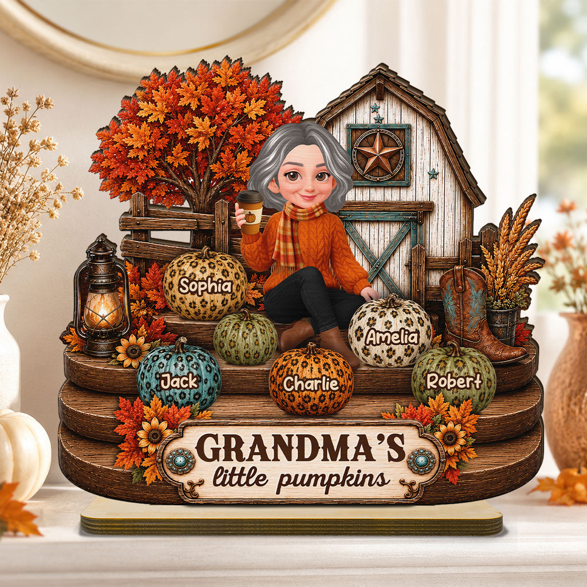 Fall Season Western Cozy Warm Farmhouse Style Grandma Little Pumpkins - Personalized 2-Layered Wooden Plaque - Fall Decor For Grandparents