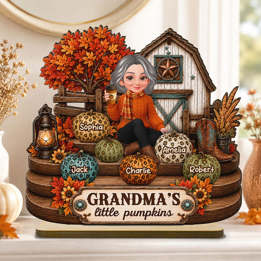 Fall Season Western Cozy Warm Farmhouse Style Grandma Little Pumpkins - Personalized 2-Layered Wooden Plaque - Fall Decor For Grandparents