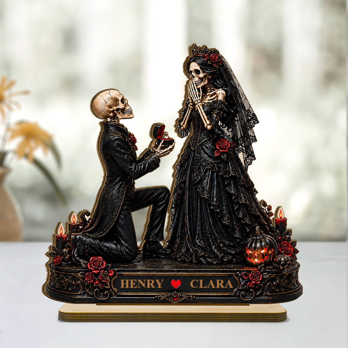 Skeleton Couple Marriage Proposal - Personalized 2-Layered Wooden Plaque - Halloween Decor Gift, Gift For Couple