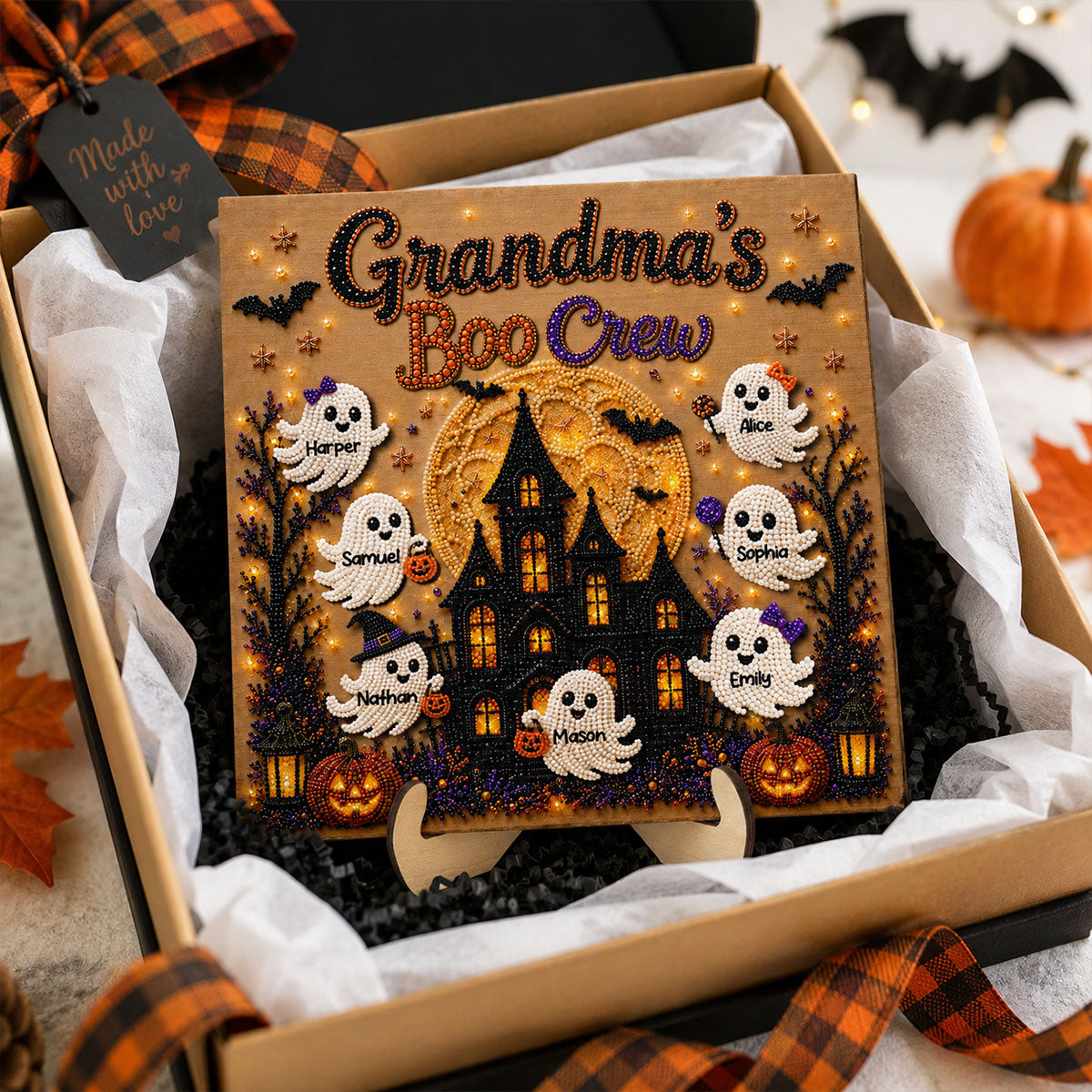 Grandma’s Boo Crew Haunted House Faux Diamond Art – Personalized Wooden Plaque – Halloween Decor Gift For Grandma