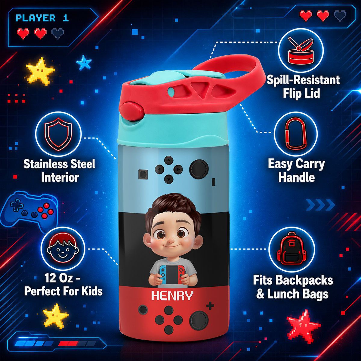 Happy Gamer - Personalized Kid Insulated Water Bottle - Back To School Gift For Kid, Girl, Boy
