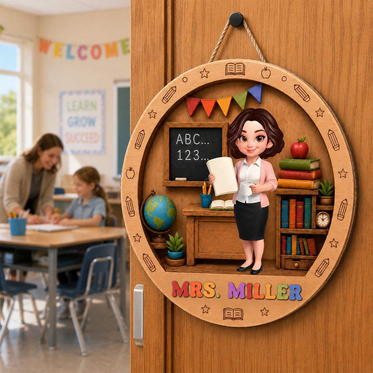 Teacher In Classroom 3D Design - Personalized 2-Layered Wood Sign - Back To School Gift For Teacher