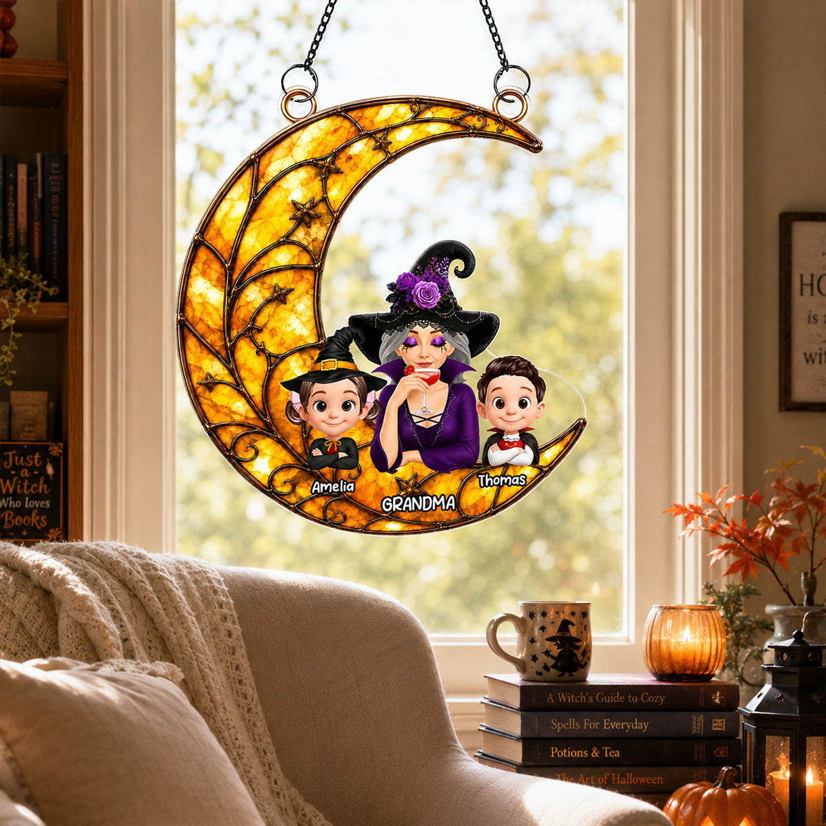 Halloween Moon Grandma Witch Grandkids - Personalized Acrylic Window Hanging - Halloween Gift For Grandma