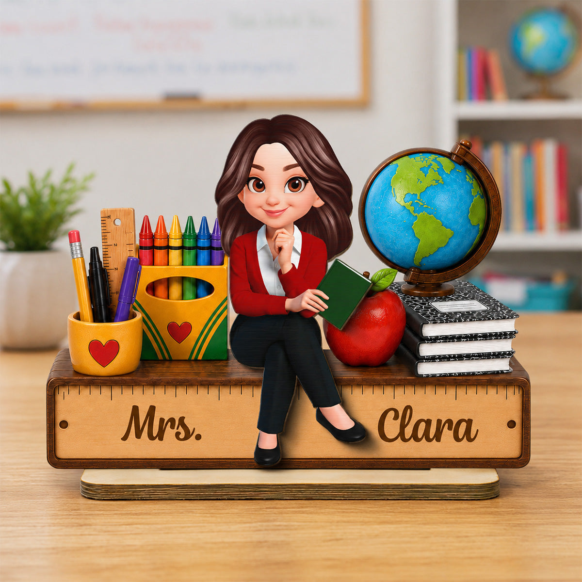 Teacher Sitting With School Supplies 2D Flat - Personalized Wooden Plaque - Back To School Gift For Teacher