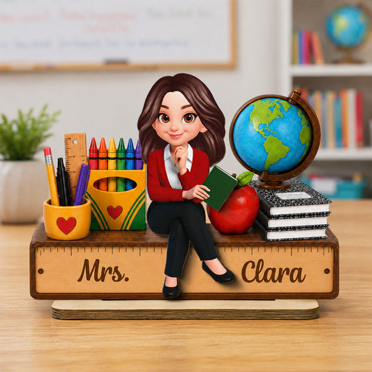 Teacher Sitting With School Supplies 2D Flat - Personalized Wooden Plaque - Back To School Gift For Teacher