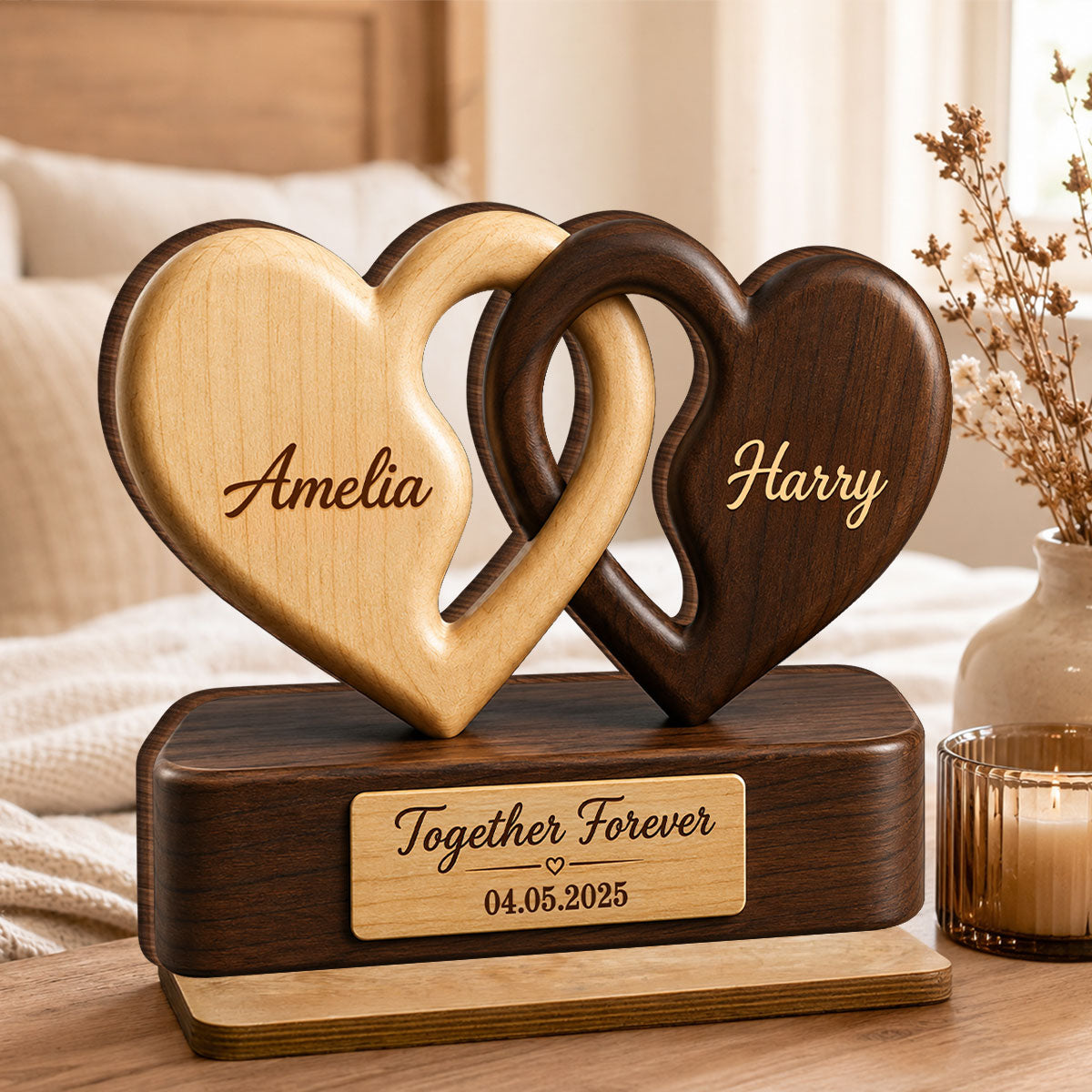 Interlocking Hearts Romantic Couple Anniversary - Personalized 2-Layered Wooden Plaque - Anniversary Gift, Gift For Couple