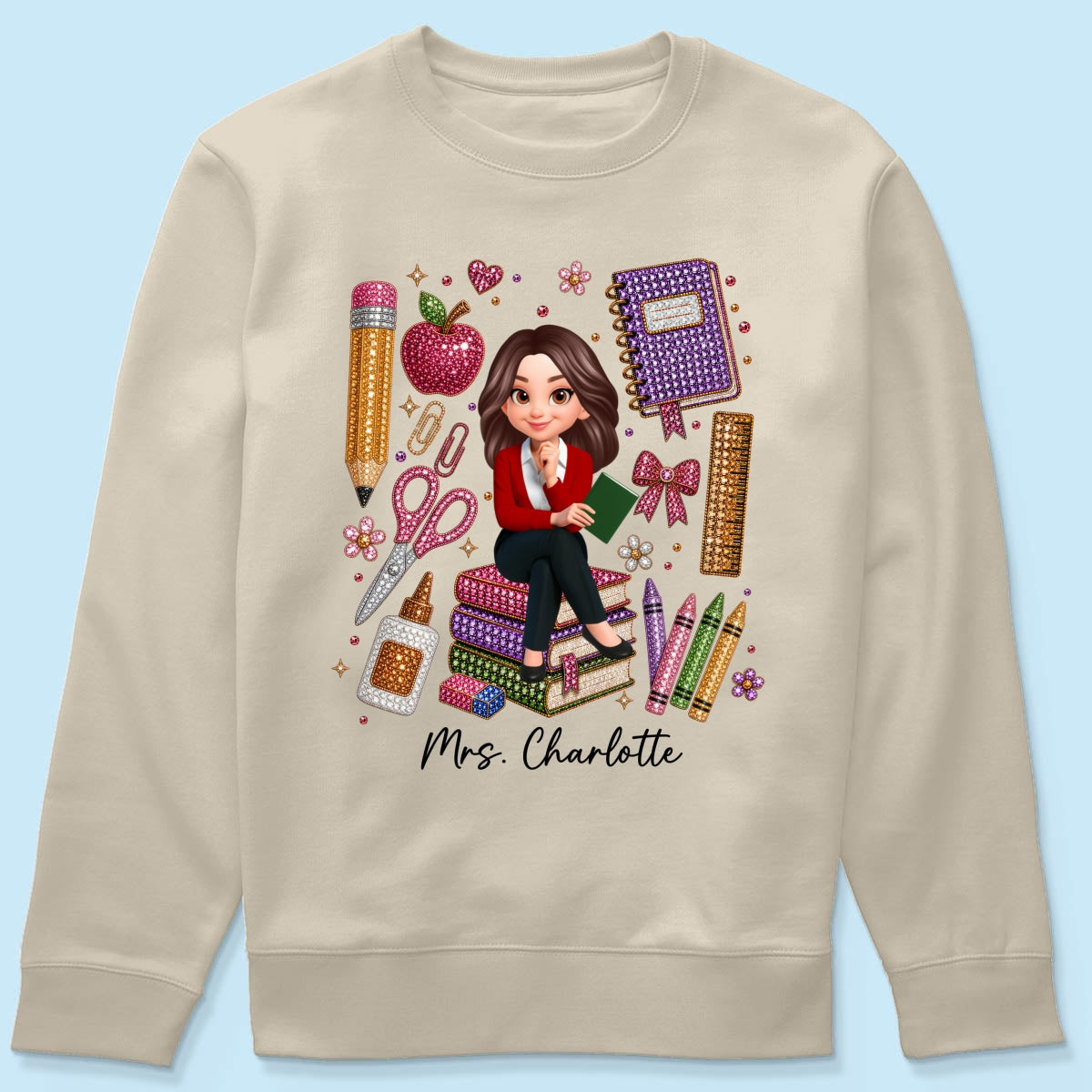 Teacher Sitting With School Supplies Faux Rhinestone – Personalized Shirt – Back To School Gift For Teacher