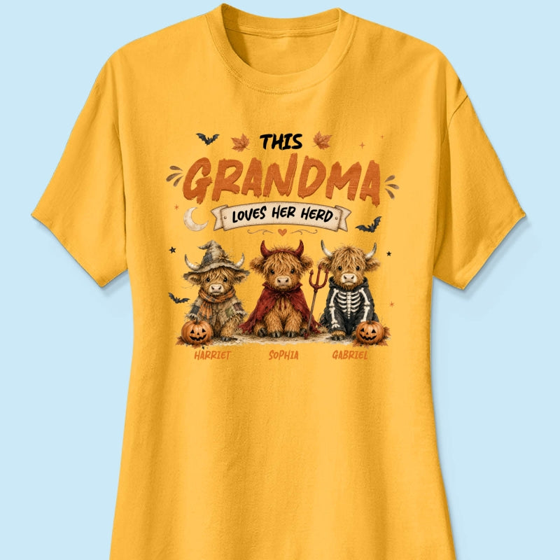 Grandma's Little Spooky Herd Halloween Costume Highland Cows - Personalized Shirt - Halloween Gift For Grandma