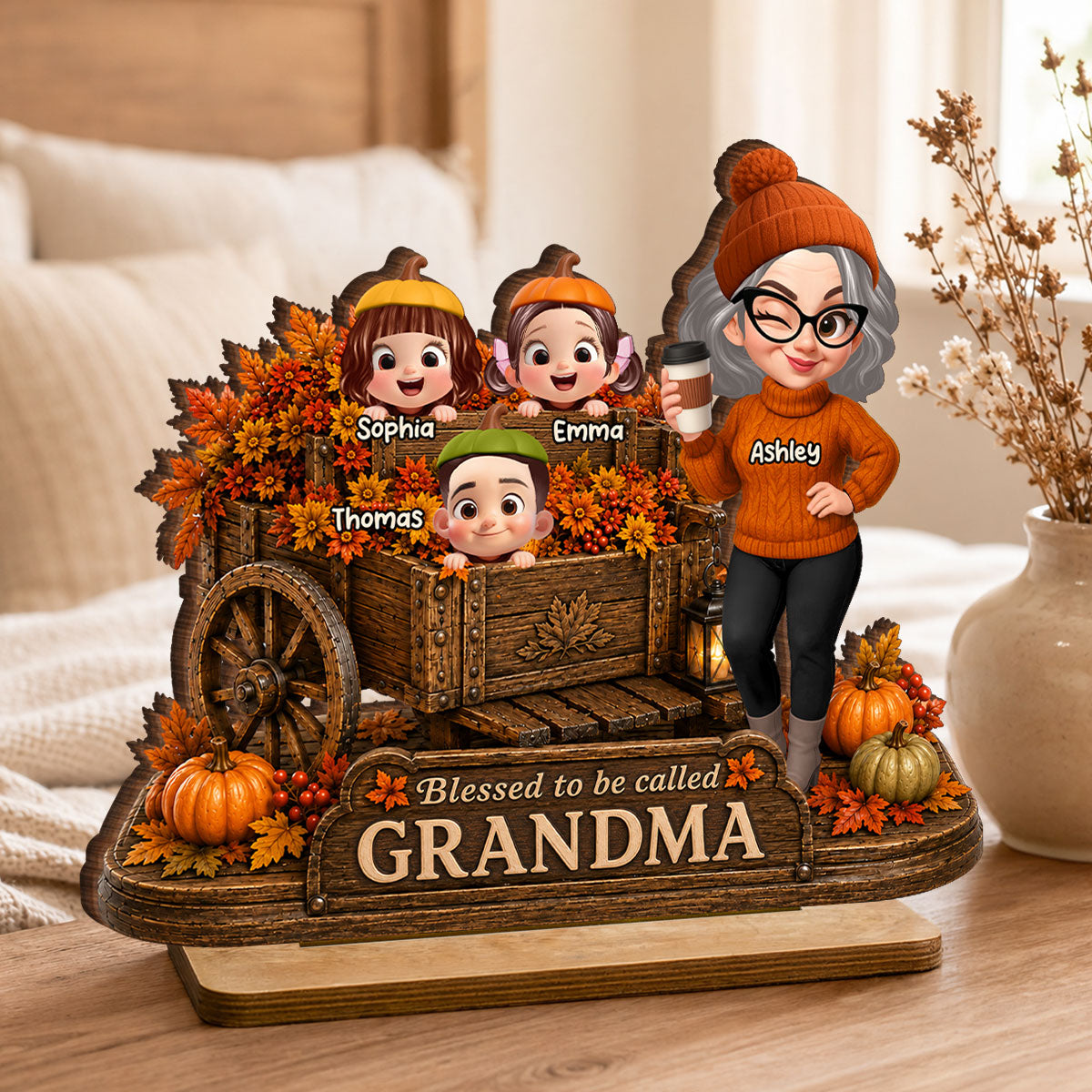 Blessed to Be Called Grandma - Personalized 2-Layered Wooden Plaque - Fall Decor for Grandma