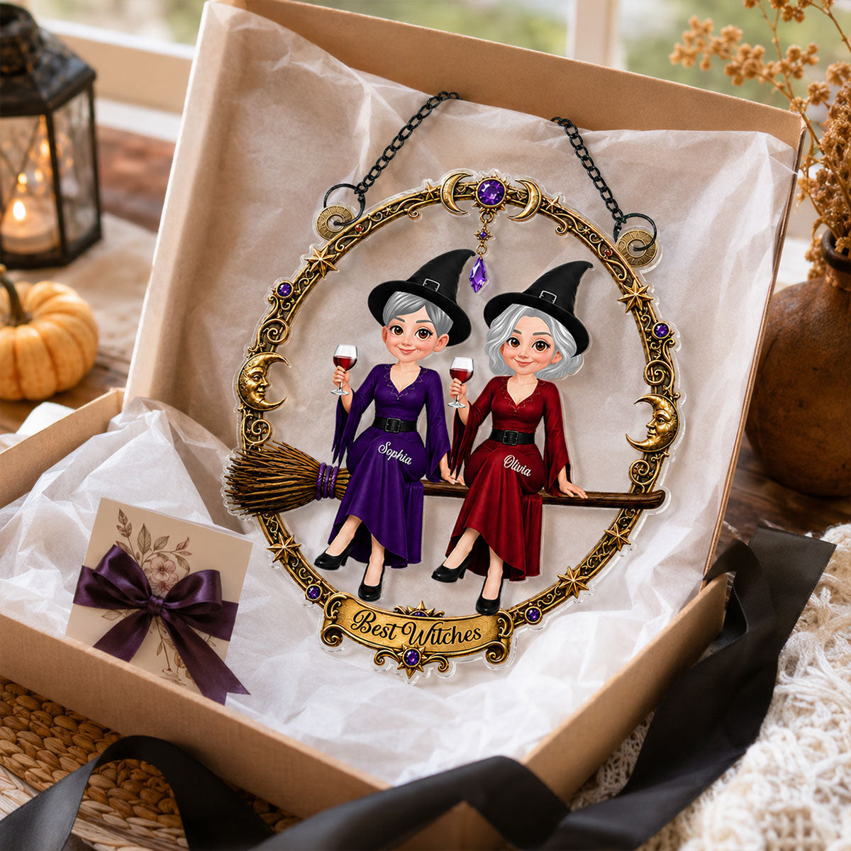 Besties Witches Sitting On Broom - Personalized Acrylic Window Hanger - Halloween Decoration
