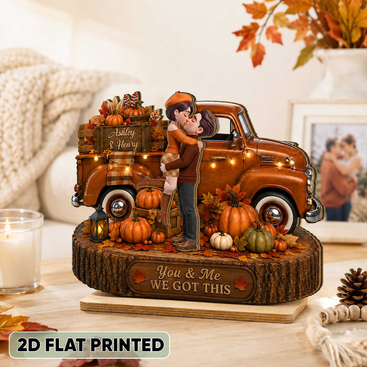 Fall Season Couple Pickup Truck - Personalized 2-Layered Wooden Plaque - Fall Season Decor Gift, Gift For Couple