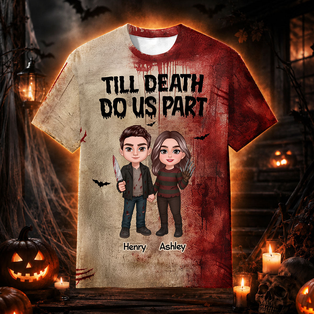 Halloween Horror Theme Couple Till Death Do Us Part - Personalized Shirt - Halloween Shirt For Couple