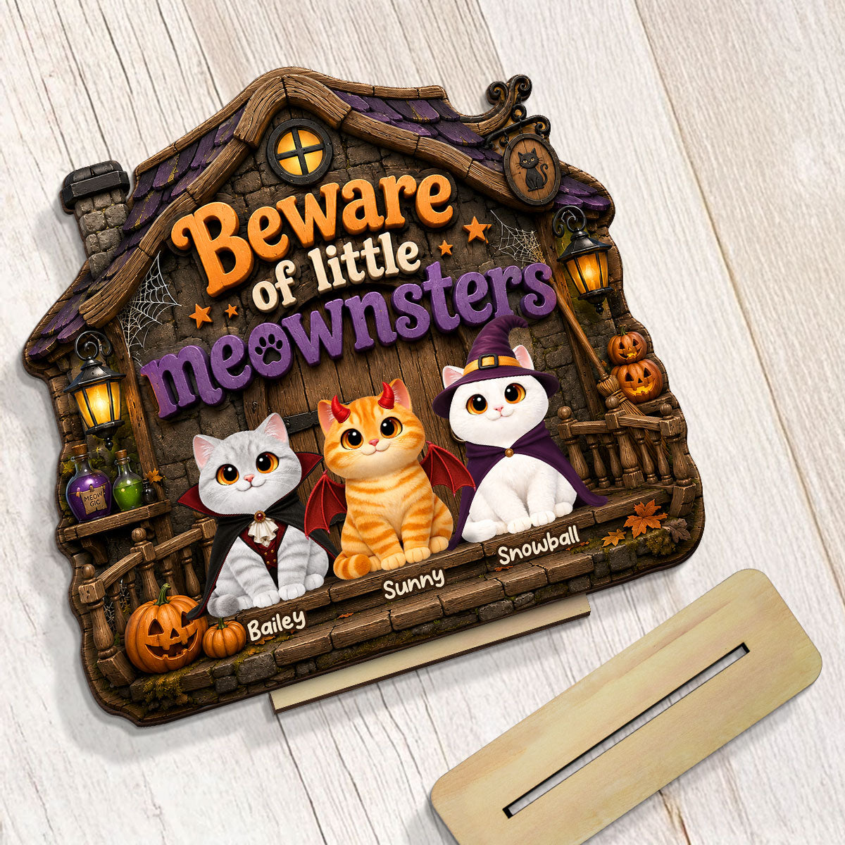 Spooky Halloween Beware of Little Meownsters Cats - Personalized 2-Layered Wooden Plaque - Halloween Gift For Cat Lovers, Halloween Decor