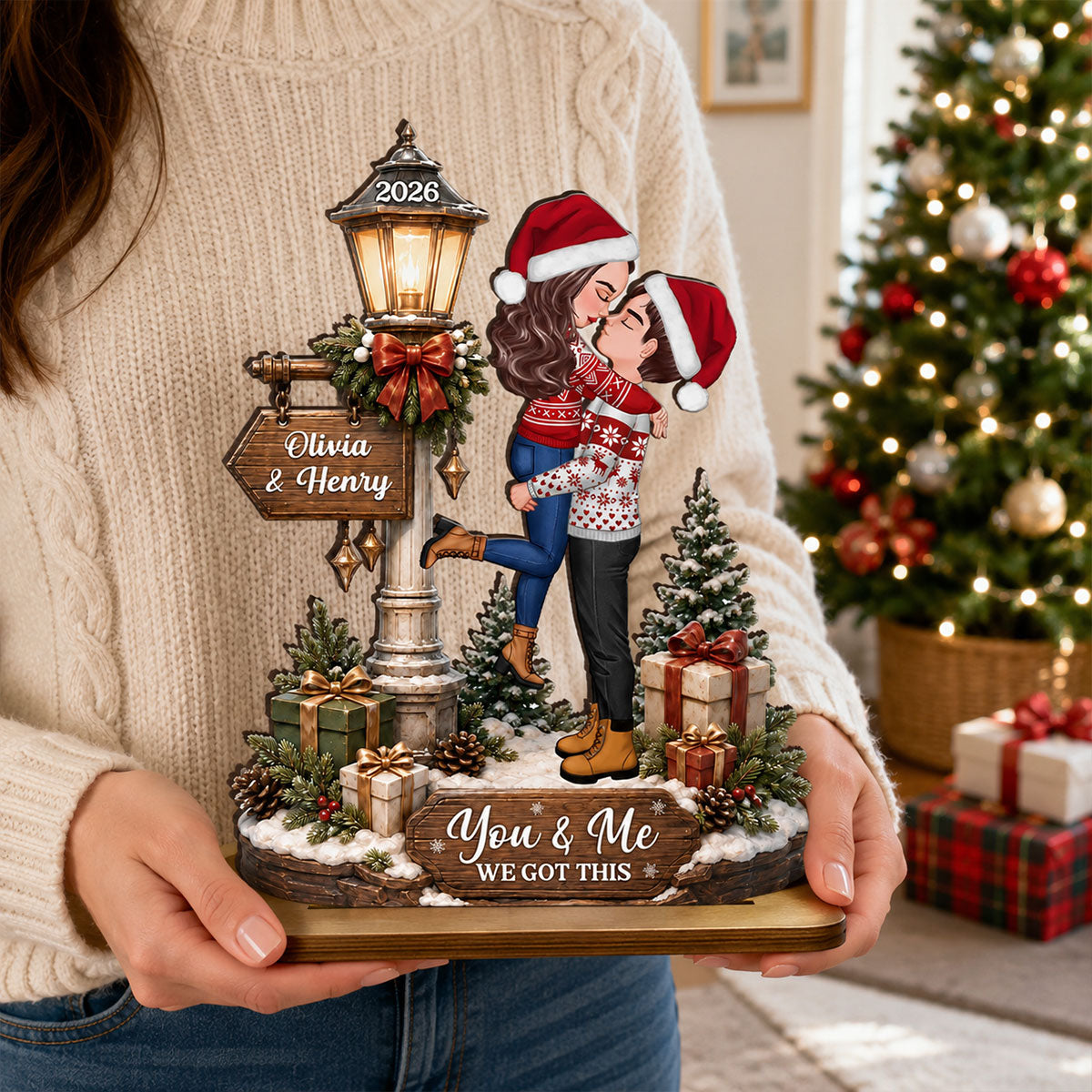 Couple Kissing Under Lamp Post - Personalized 2-Layered Wooden Plaque - Christmas Decor, Gift for Her, Gift for Him