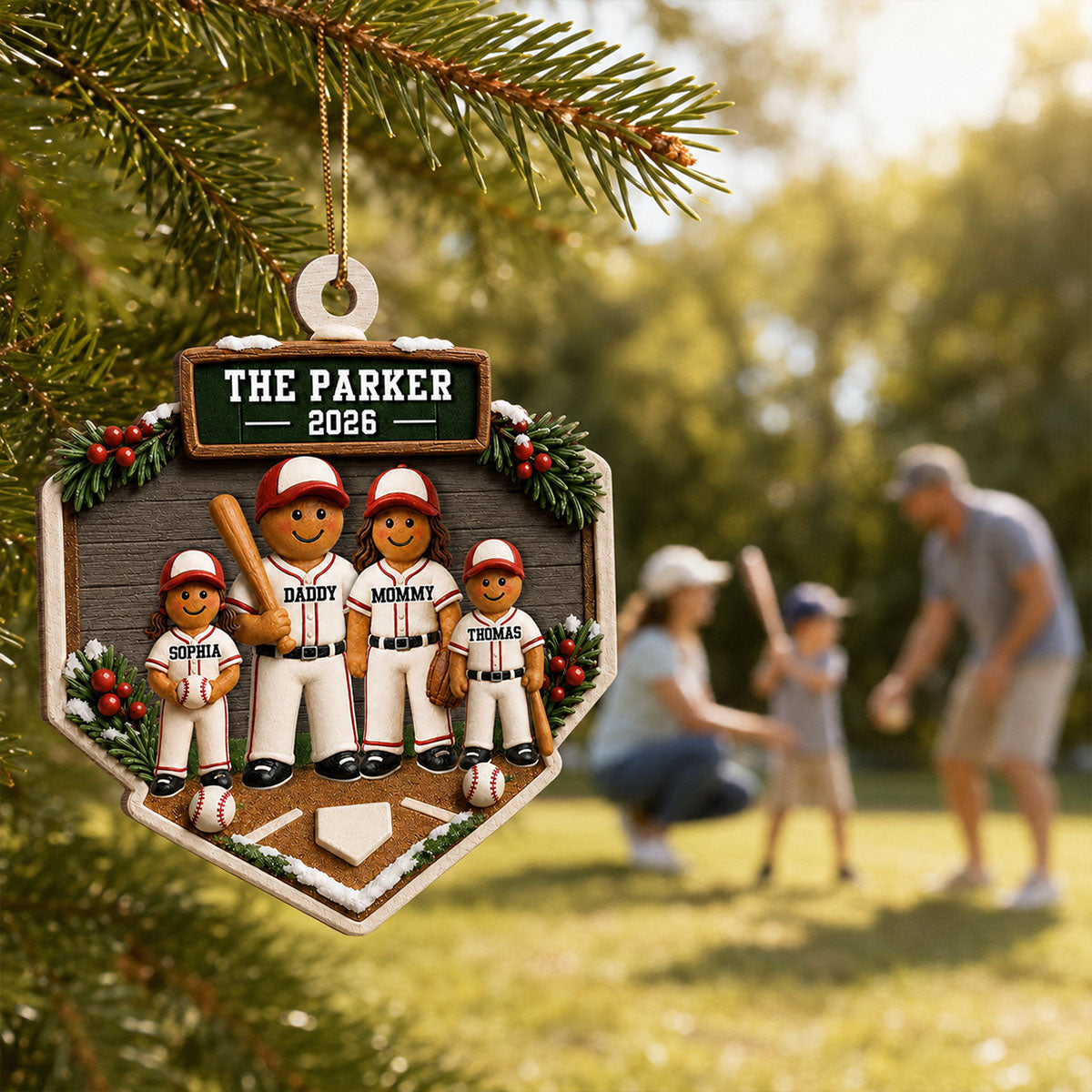 Baseball Gingerbread Family Home Plate 2D Flat - Personalized Wooden Ornament - Sport Lover Christmas Tree Decor, Keepsake