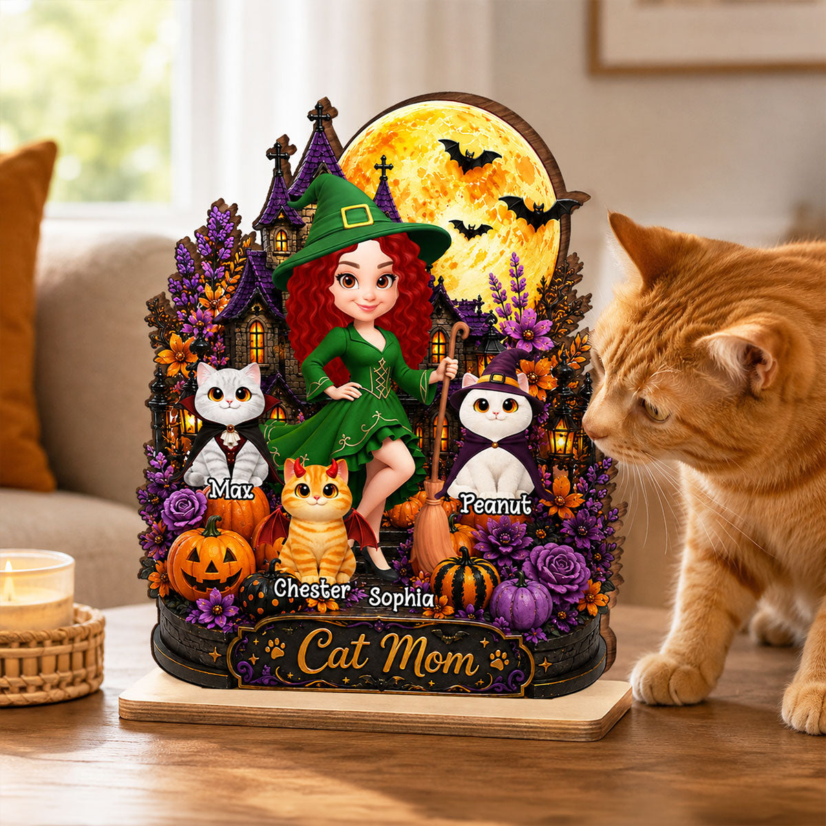 Cat Mom Witch Haunted House Moon - Personalized 2-Layered Wooden Plaque - Halloween Decor Gift, Gift For Cat Lovers