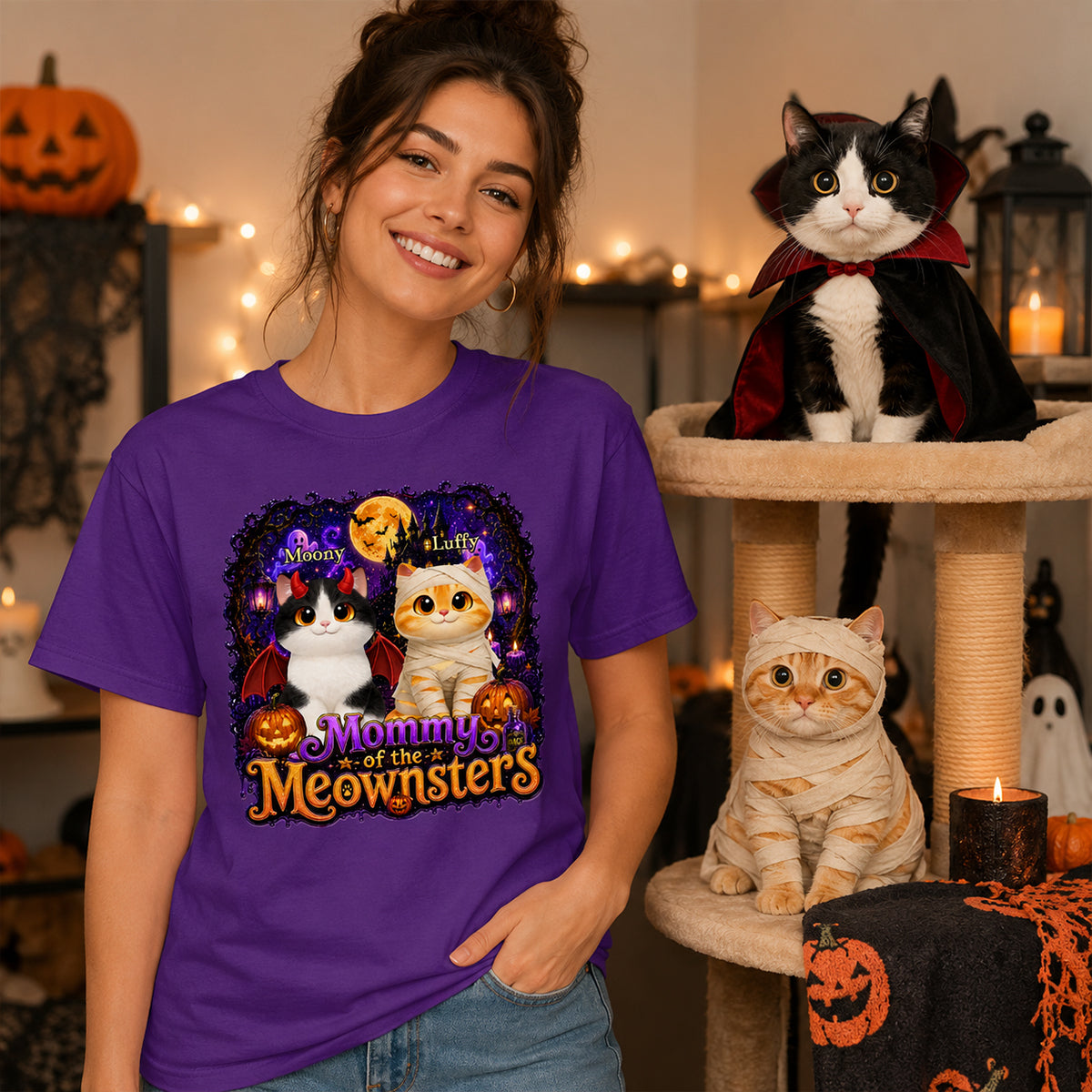 Mommy Spooky Halloween Cat Meownsters - Personalized Shirt - Halloween Gift, Gift For Cat Lovers