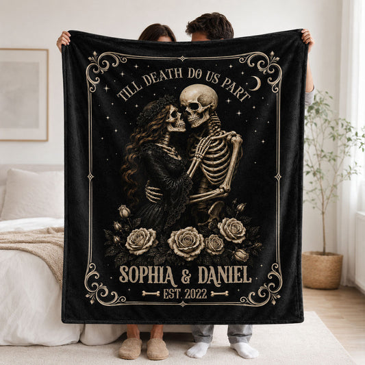Skeleton Couple Till Death Do Us Part - Personalized Fleece Blanket - Spooky Goth Couple Halloween Gift