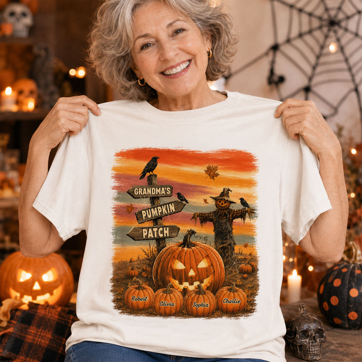 Rustic Grandma's Pumpkin Patch - Personalized Shirt - Halloween Fall Gift For Grandmas