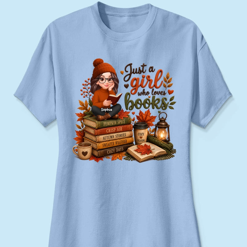 Cozy Autumn Girl Who Loves Books - Personalized Shirt - Fall Season Gift, Gift For Book Lovers