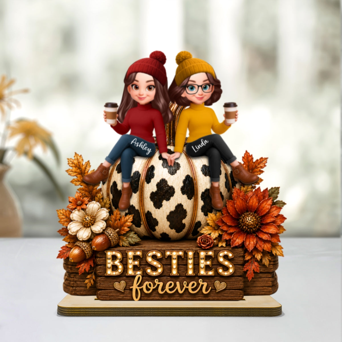 Besties Forever Pumpkin Western Fall Vibe - Personalized 2-Layered Wooden Plaque - Fall Decor for Best Friends