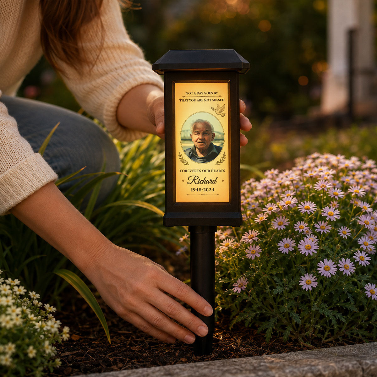 Forever in Our Hearts - Personalized Solar Garden Light - Custom Photo Gravesite Light, Outdoor Remembrance Garden Stake, Loss of Loved One Sympathy Gift