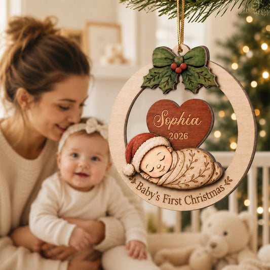 Baby's First Christmas Baby Sleeping - Personalized 2-Layered Wooden Ornament - Baby's 1st Christmas Keepsake