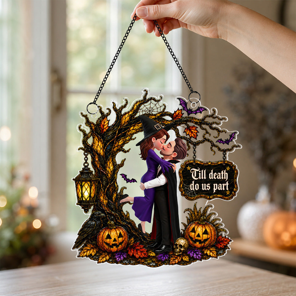 Couple Hugging Under Spooky Halloween Tree 2D Flat - Personalized Acrylic Window Hanger - Halloween Decor For Couple