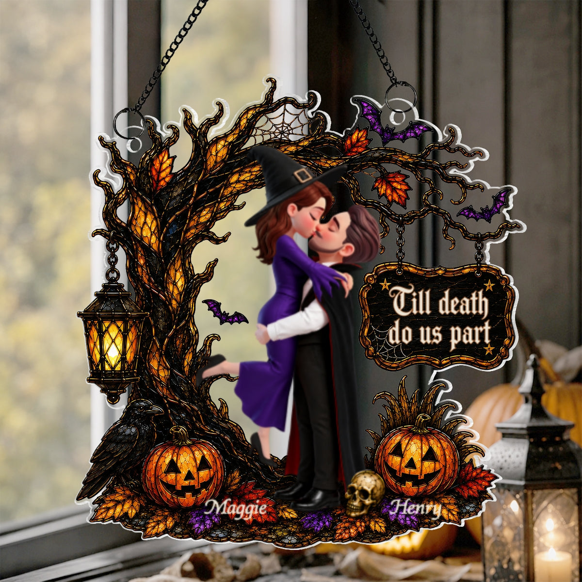 Couple Hugging Under Spooky Halloween Tree 2D Flat - Personalized Acrylic Window Hanger - Halloween Decor For Couple