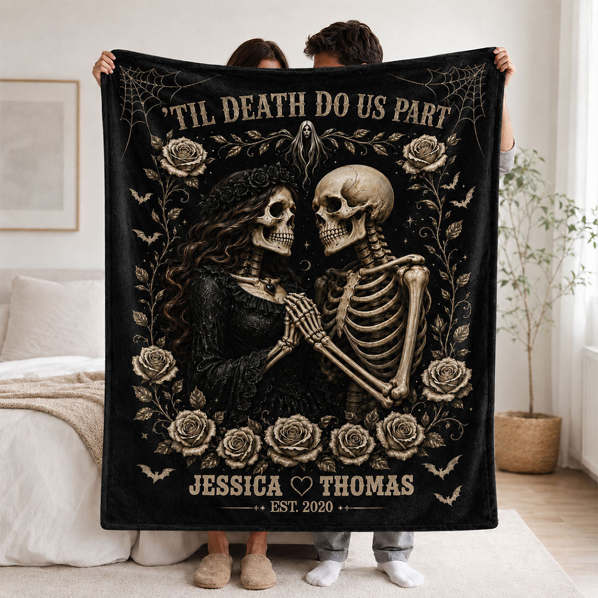 Till Death Do Us Part Skeleton Couple - Personalized Fleece Blanket - Spooky Goth Couple Halloween Gift