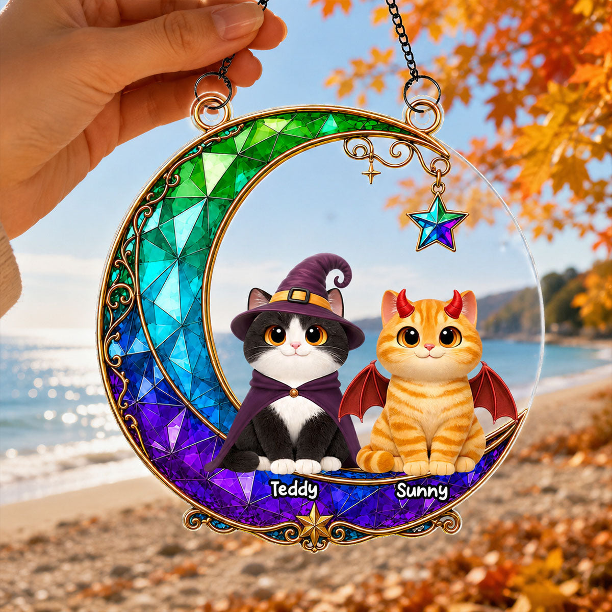 Magical Cat Moonlight - Personalized Acrylic Window Hanging - Halloween Decoration For Cat Mom