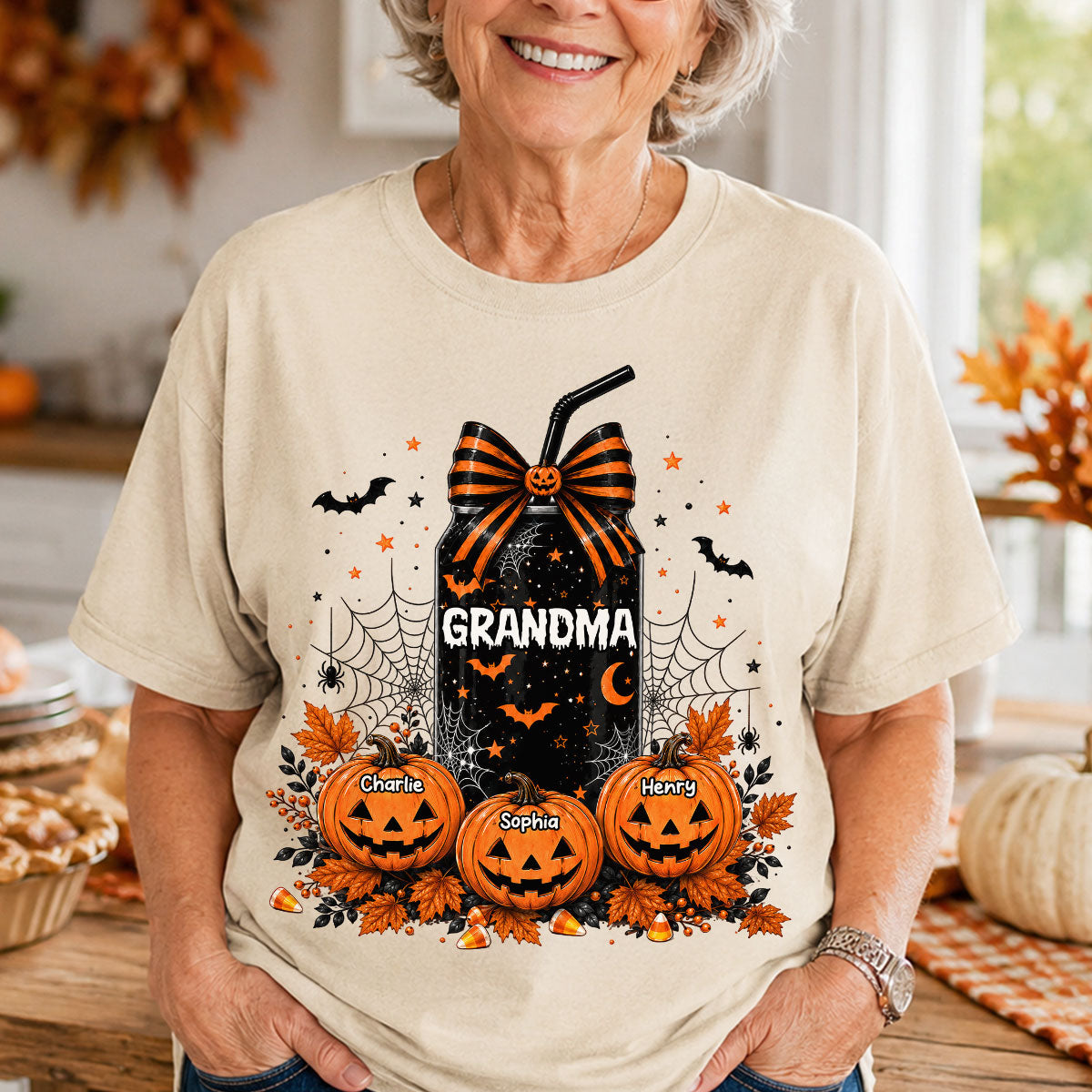 Trending Halloween Retro Soda Grandma Custom Kids Names - Personalized Shirt - Halloween Shirt For Grandma