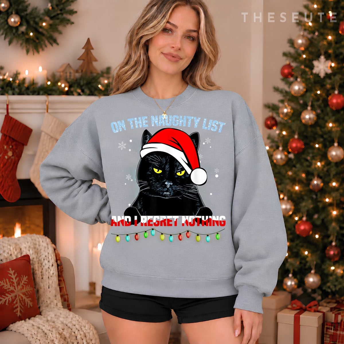 On The Naughty List And I Regret Nothing Cat Christmas Sweatshirt